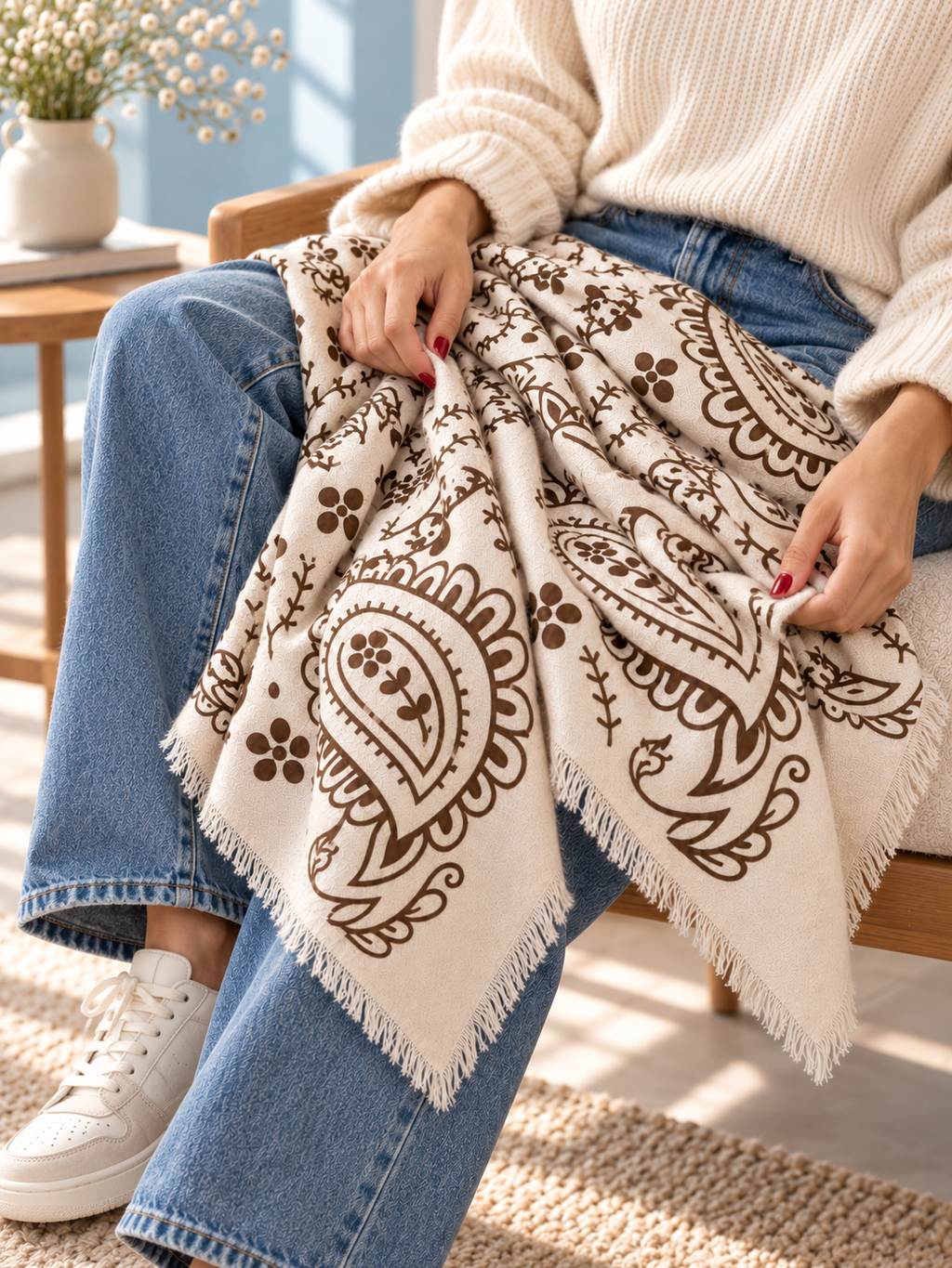 KUSCHELWEICHES PAISLEY TUCH HELLBEIGE mit BRAUNEM DRUCK