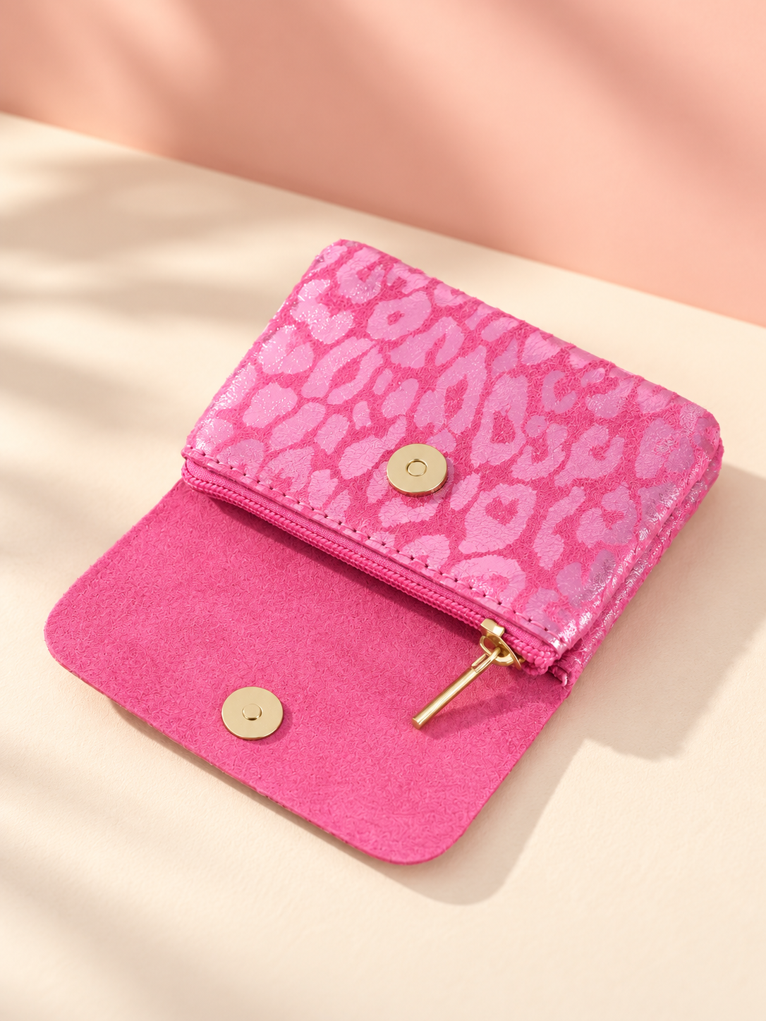 KLEINE GELDBÖRSE PINK MIT LEO MUSTER - ECHTES LEDER