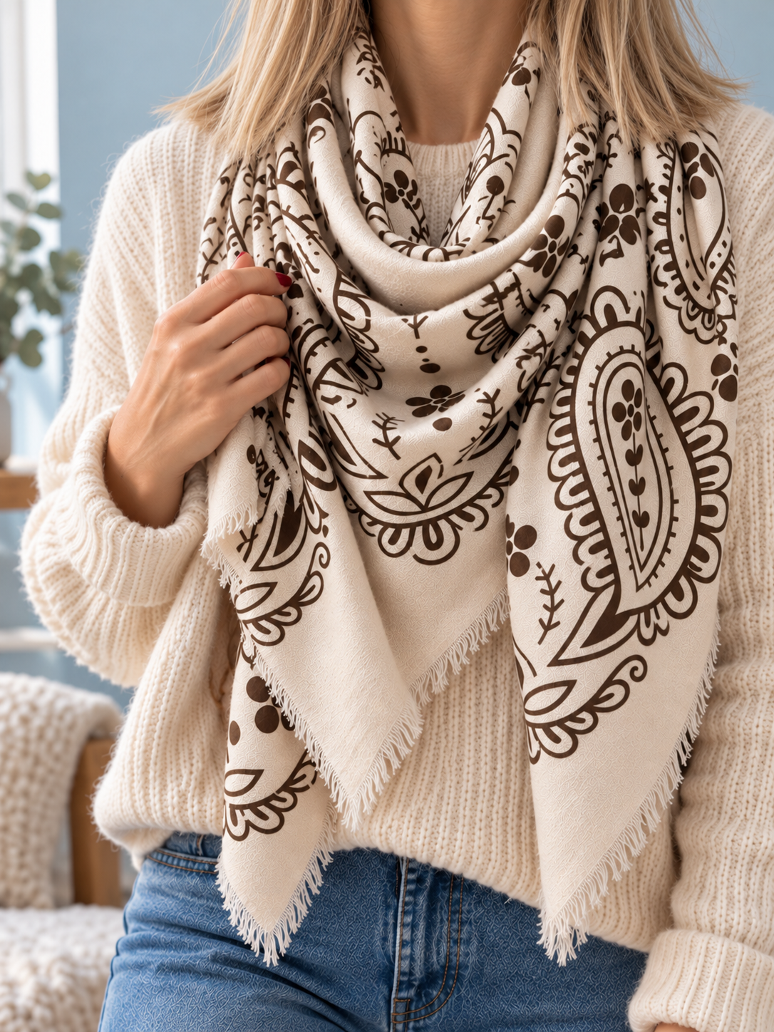 KUSCHELWEICHES PAISLEY TUCH HELLBEIGE mit BRAUNEM DRUCK