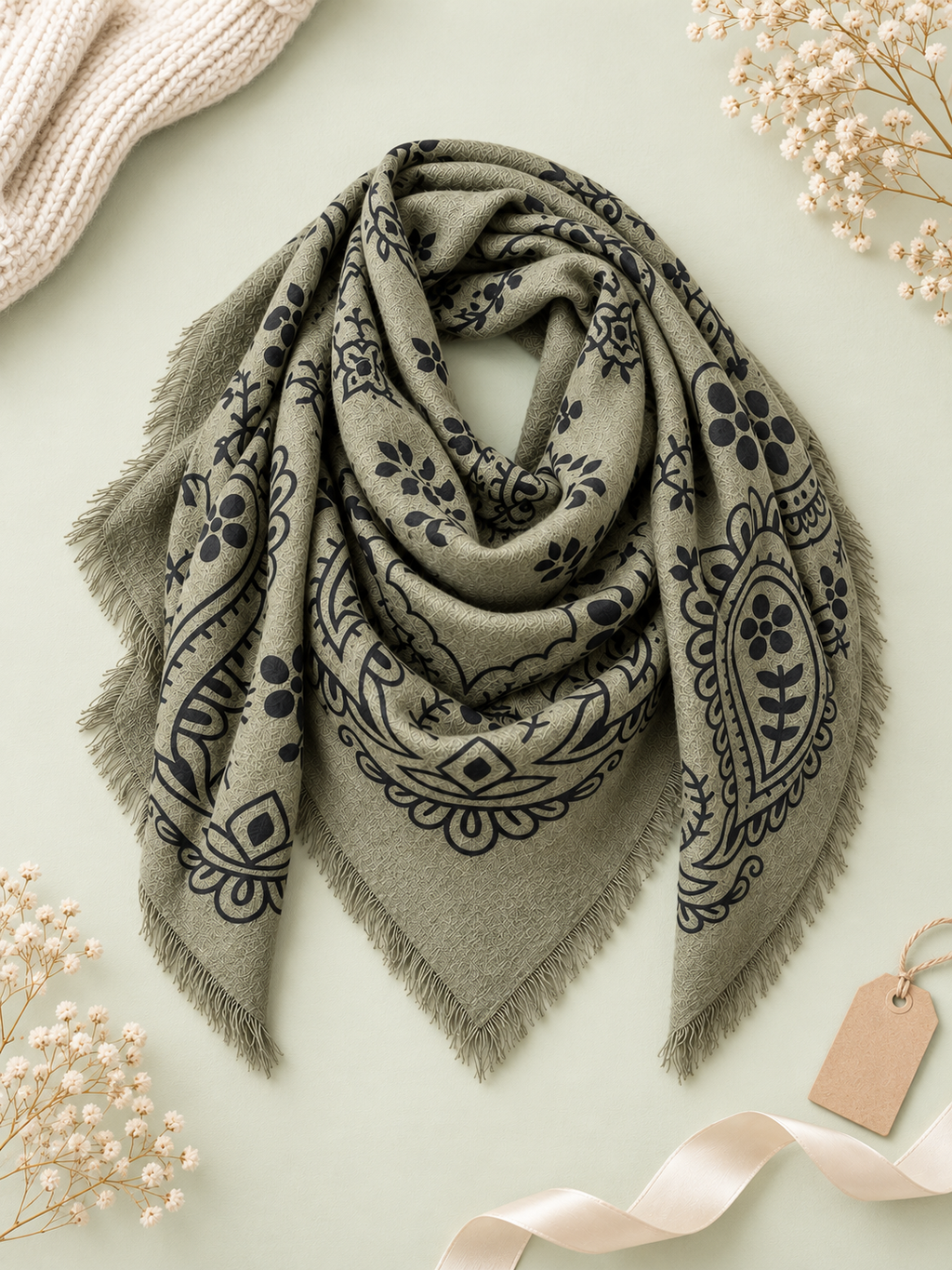 KUSCHELWEICHES PAISLEY KHAKI/GRÜN mit BRAUNEM DRUCK