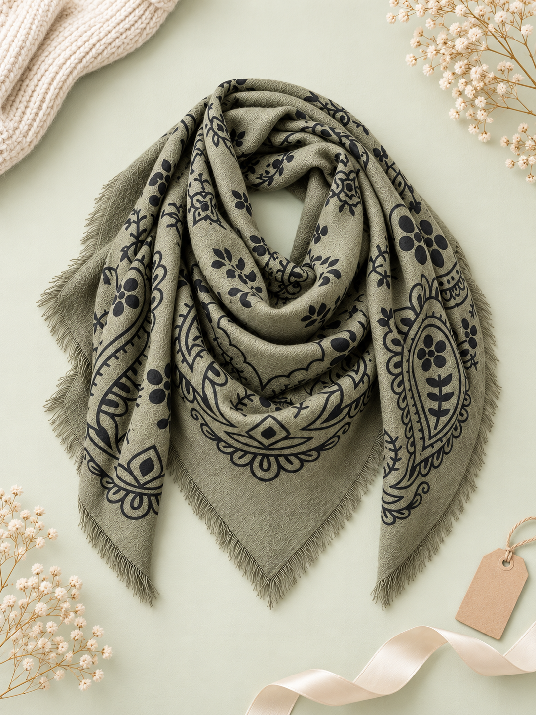 KUSCHELWEICHES PAISLEY KHAKI/GRÜN mit BRAUNEM DRUCK
